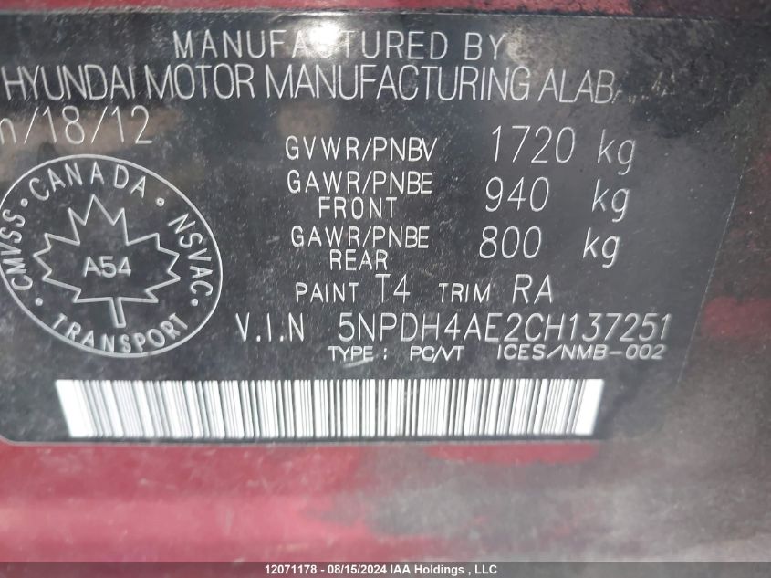 2012 Hyundai Elantra Gls VIN: 5NPDH4AE2CH137251 Lot: 12071178