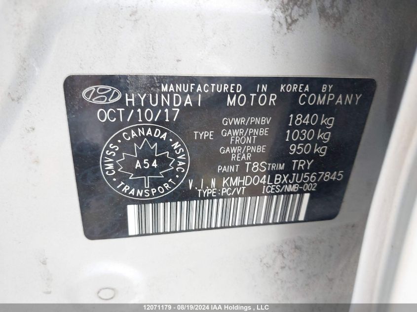 2018 Hyundai Elantra Sport VIN: KMHD04LBXJU567845 Lot: 12071179