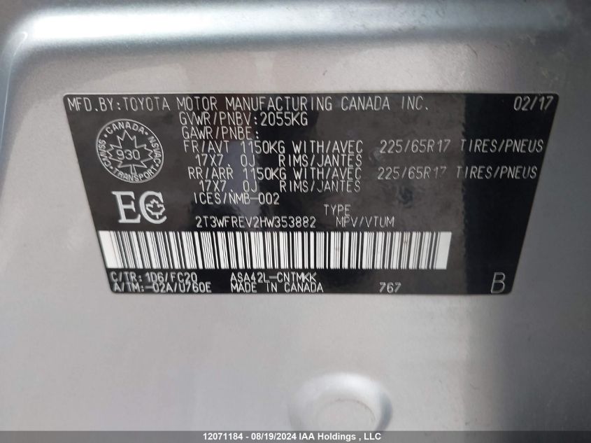 2017 Toyota Rav4 Xle VIN: 2T3WFREV2HW353882 Lot: 12071184