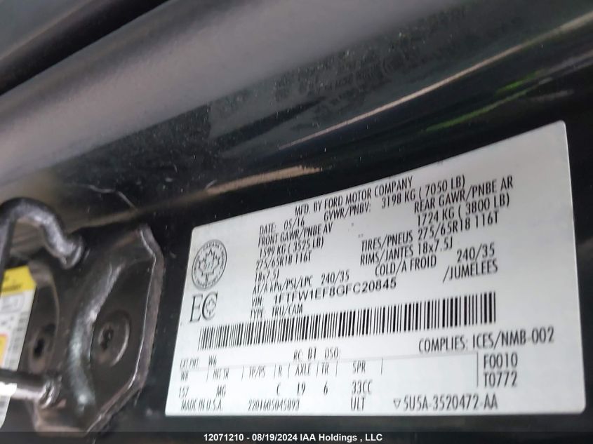 2016 Ford F-150 Xlt VIN: 1FTFW1EF8GFC20845 Lot: 12071210