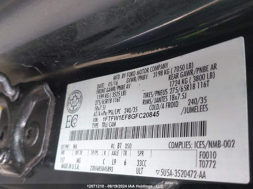 2016 Ford F-150 Xlt VIN: 1FTFW1EF8GFC20845 Lot: 12071210