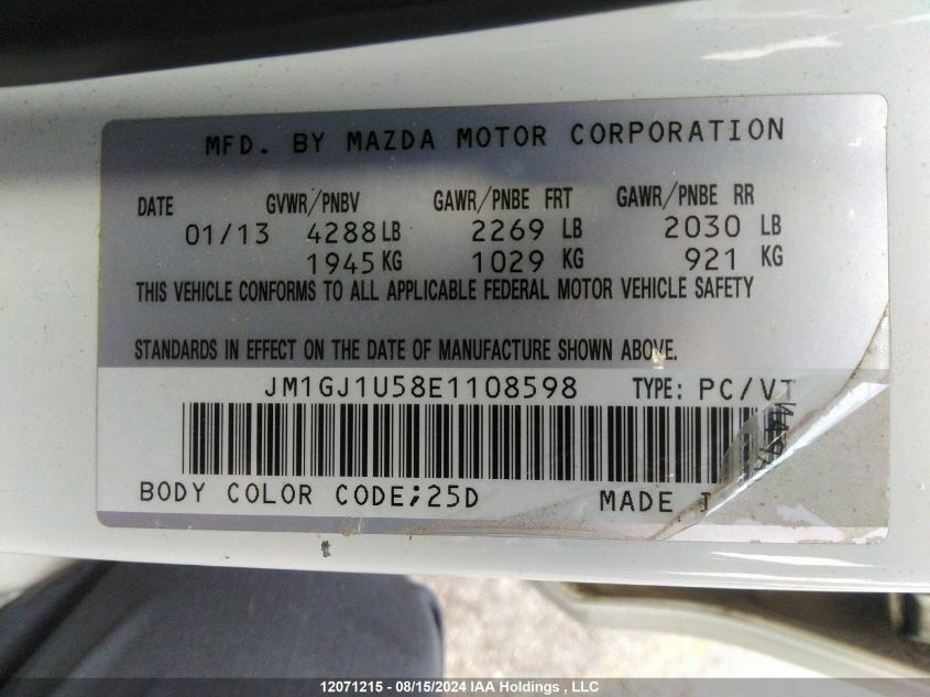 2014 Mazda Mazda6 VIN: JM1GJ1U58E1108598 Lot: 12071215