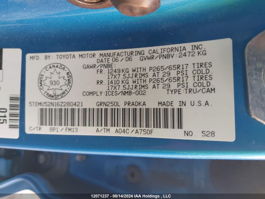 2006 Toyota Tacoma Double Cab Long Bed VIN: 5TEMU52N16Z280421 Lot: 12071237