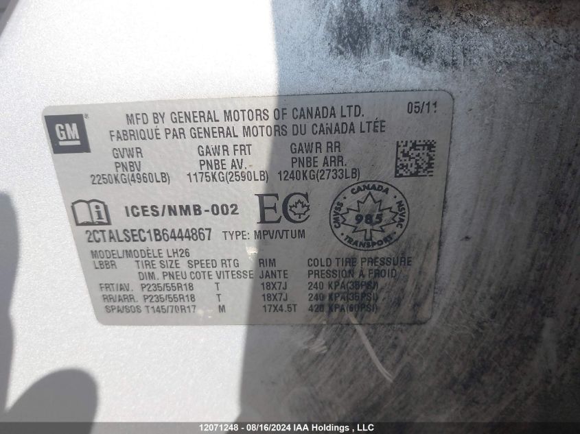 2011 GMC Terrain VIN: 2CTALSEC1B6444867 Lot: 12071248