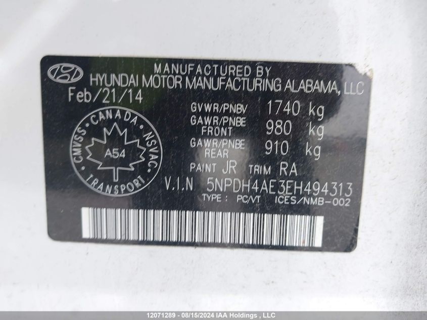 2014 Hyundai Elantra Gl VIN: 5NPDH4AE3EH494313 Lot: 12071289