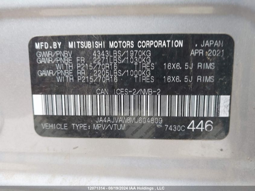 2021 Mitsubishi Rvr VIN: JA4AJVAW8MU604809 Lot: 12071314