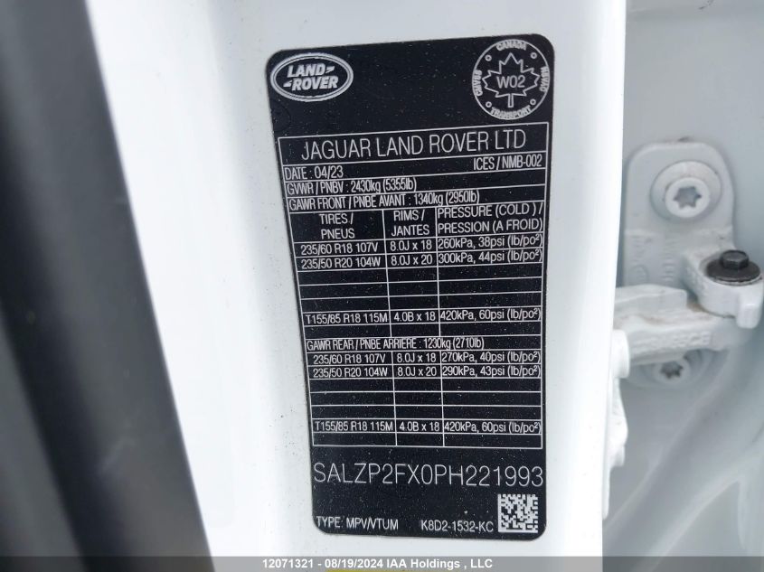 2023 Land Rover Range Rover Evoque VIN: SALZP2FX0PH221993 Lot: 12071321