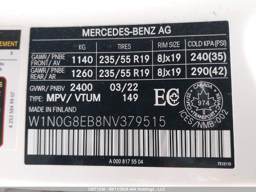 2022 Mercedes-Benz Glc 300 VIN: W1N0G8EB8NV379515 Lot: 12071336