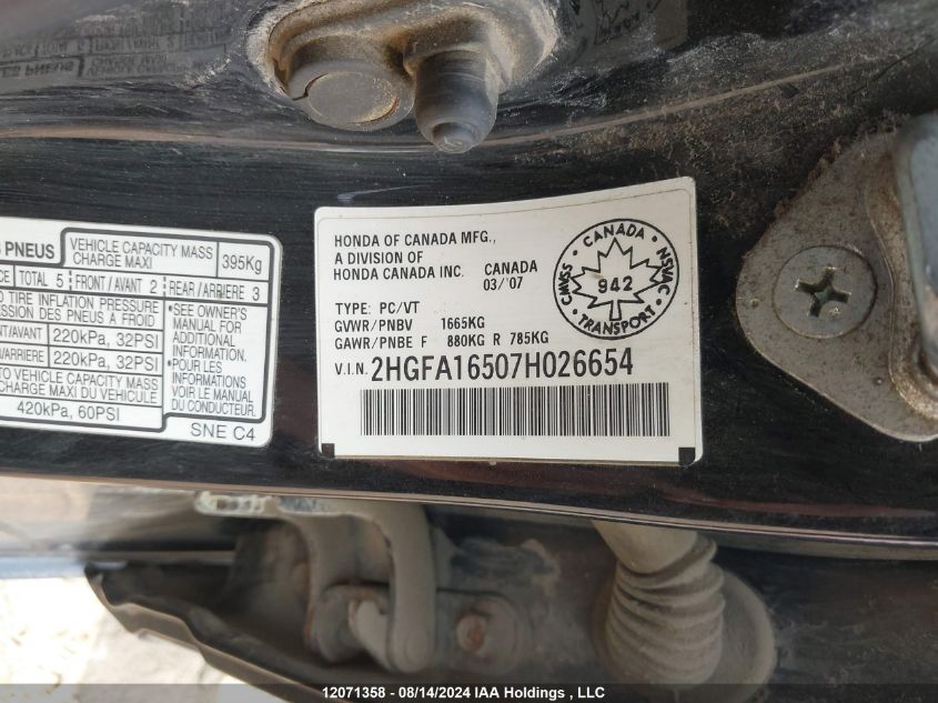2007 Honda Civic Sdn VIN: 2HGFA16507H026654 Lot: 12071358