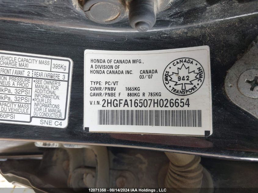 2007 Honda Civic Sdn VIN: 2HGFA16507H026654 Lot: 12071358