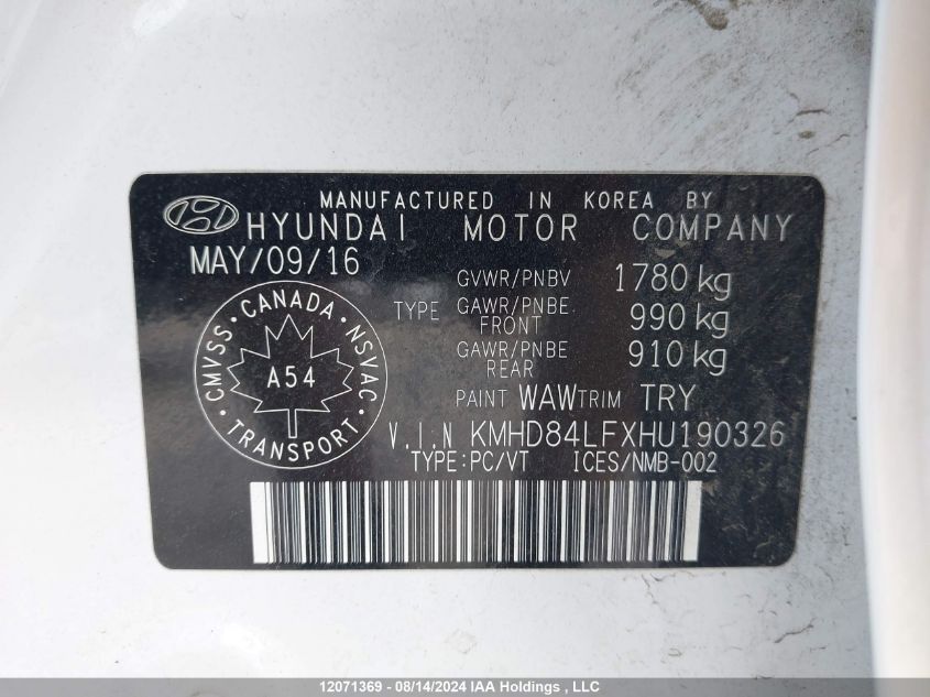 2017 Hyundai Elantra VIN: KMHD84LFXHU190326 Lot: 12071369