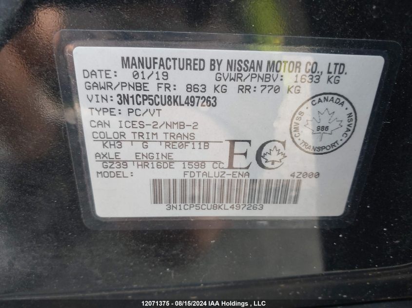 2019 Nissan Kicks VIN: 3N1CP5CU8KL497263 Lot: 12071375