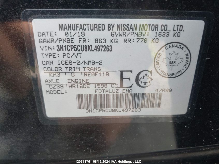 2019 Nissan Kicks VIN: 3N1CP5CU8KL497263 Lot: 12071375