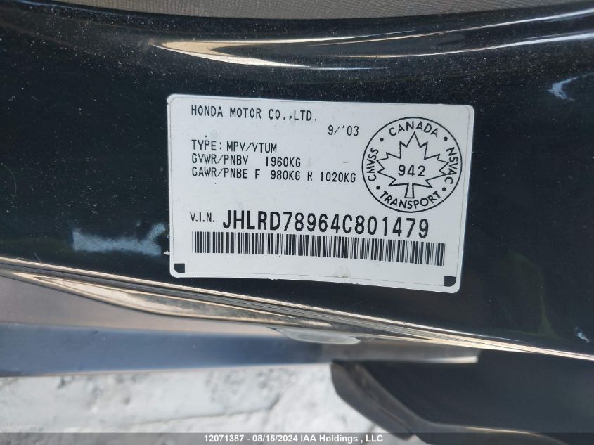 2004 Honda Cr-V VIN: JHLRD78964C801479 Lot: 12071387