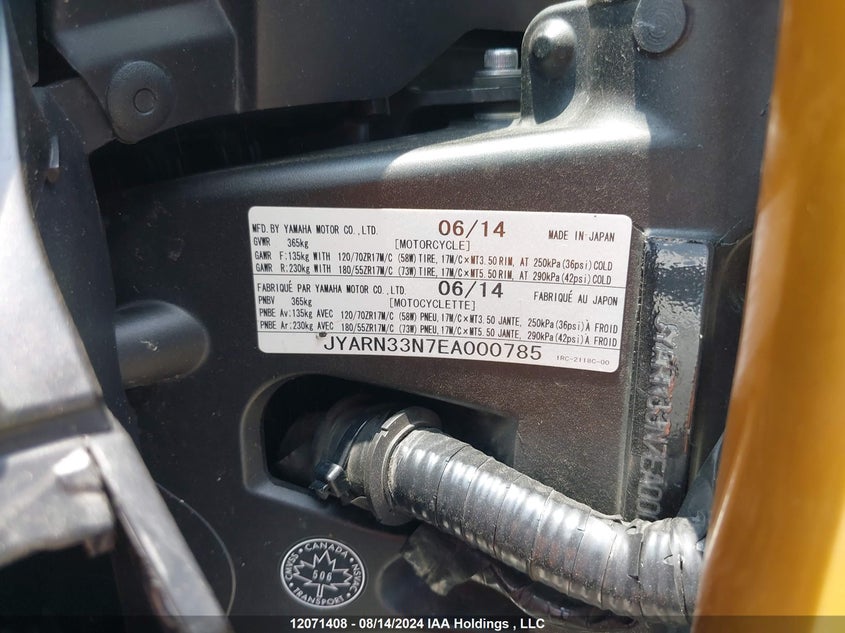 2014 Yamaha Fz09 VIN: JYARN33N7EA000785 Lot: 12071408