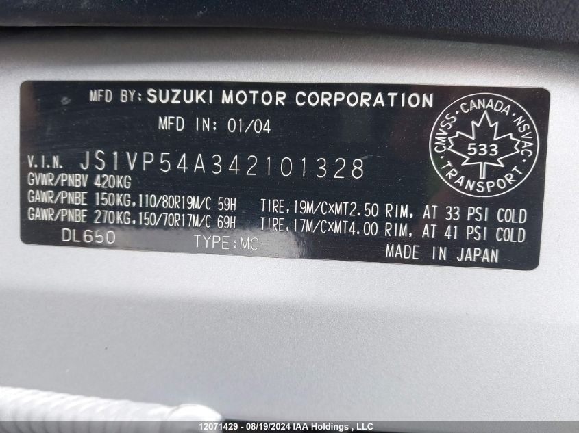 2004 Suzuki Dl650 K VIN: JS1VP54A342101328 Lot: 12071429