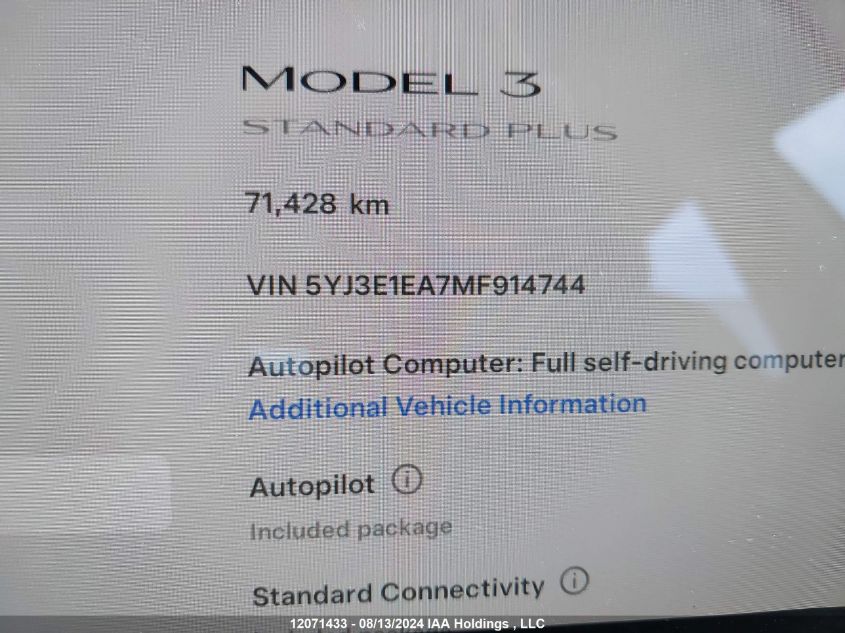 2021 Tesla Model 3 VIN: 5YJ3E1EA7MF914744 Lot: 12071433