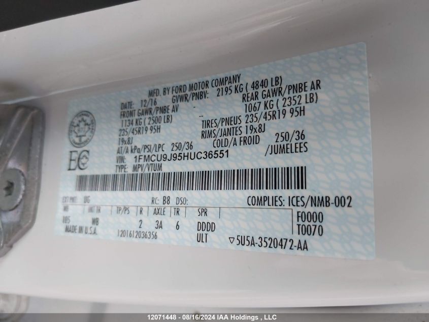 2017 Ford Escape Titanium VIN: 1FMCU9J95HUC36551 Lot: 12071448
