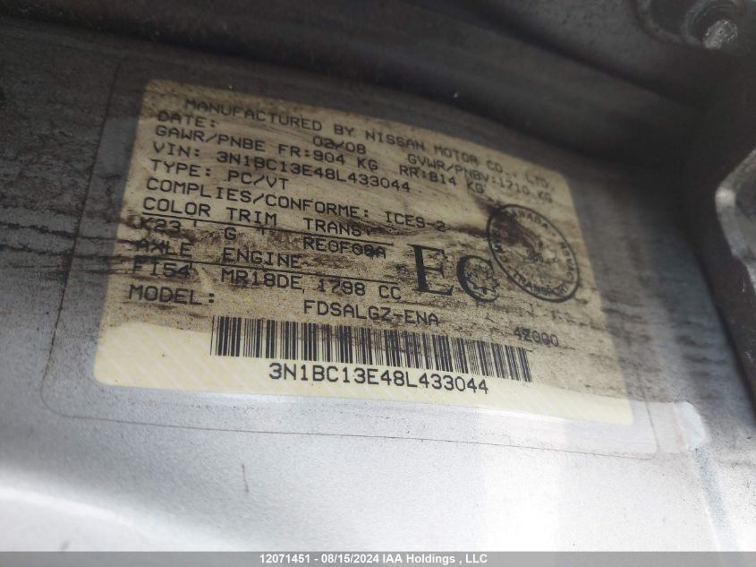 2008 Nissan Versa S/Sl VIN: 3N1BC13E48L433044 Lot: 12071451