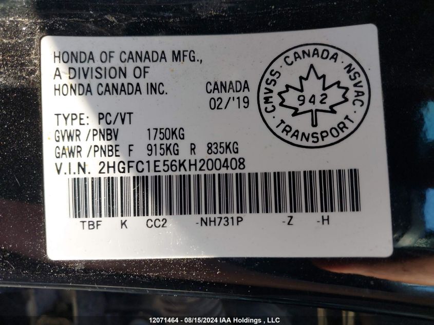 2019 Honda Civic Sedan VIN: 2HGFC1E56KH200408 Lot: 12071464