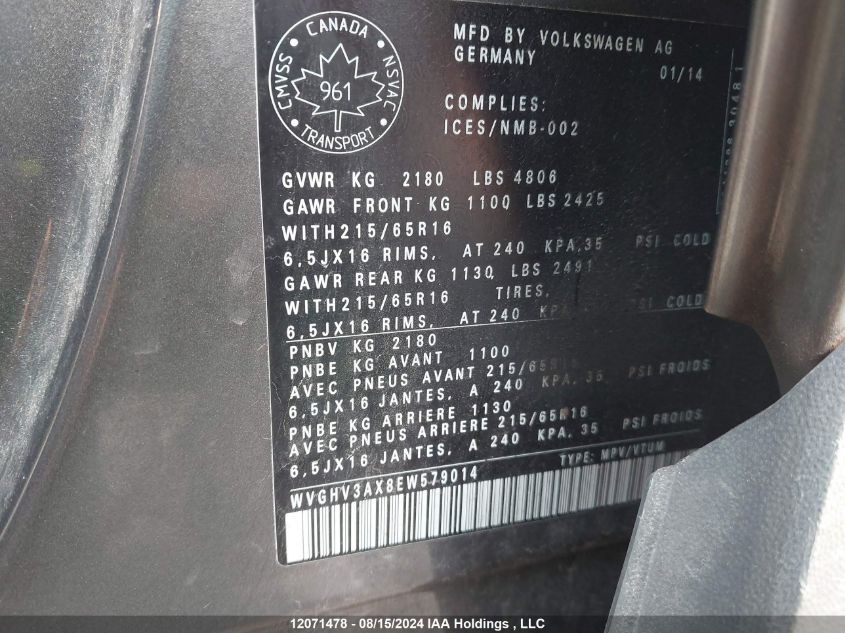 2014 Volkswagen Tiguan VIN: WVGHV3AX8EW579014 Lot: 12071478