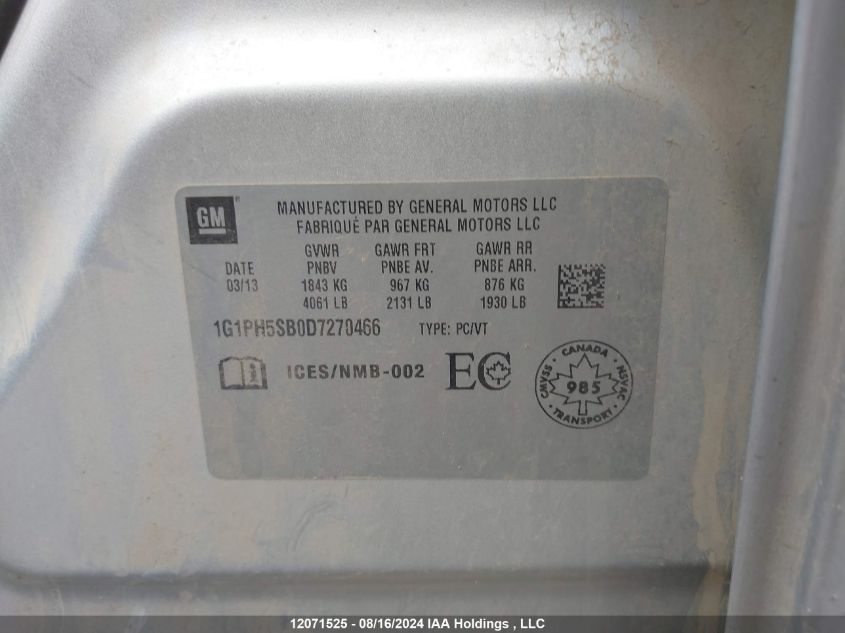 2013 Chevrolet Cruze VIN: 1G1PH5SB0D7270466 Lot: 12071525