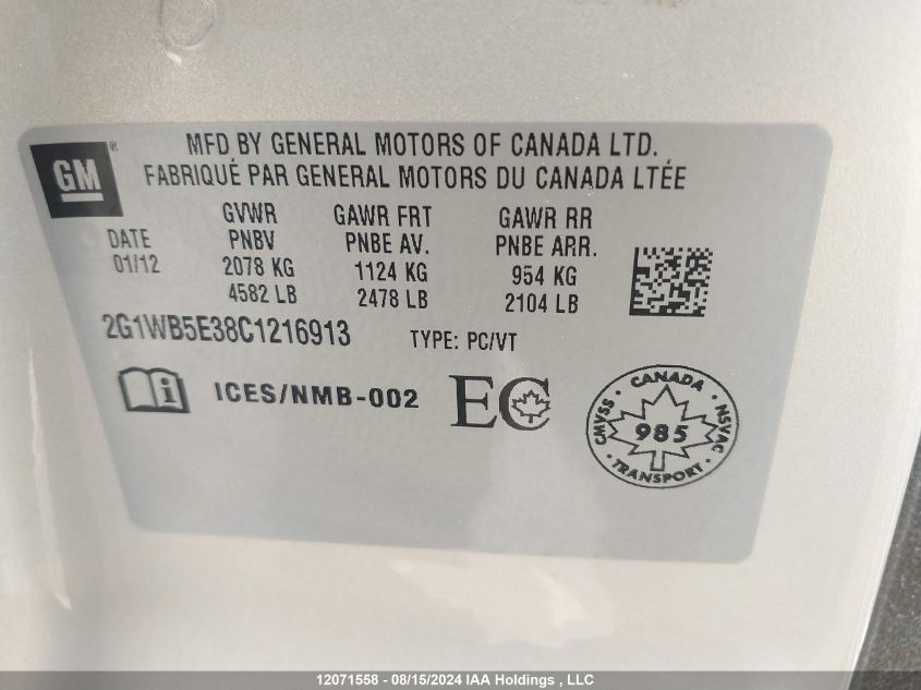 2012 Chevrolet Impala VIN: 2G1WB5E38C1216913 Lot: 12071558