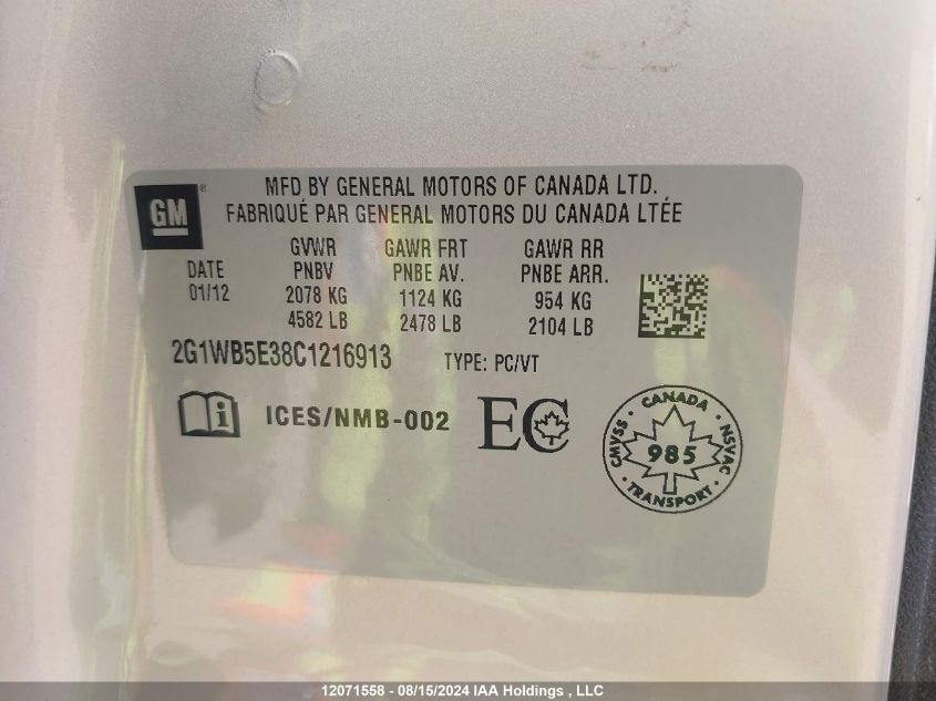 2012 Chevrolet Impala VIN: 2G1WB5E38C1216913 Lot: 12071558