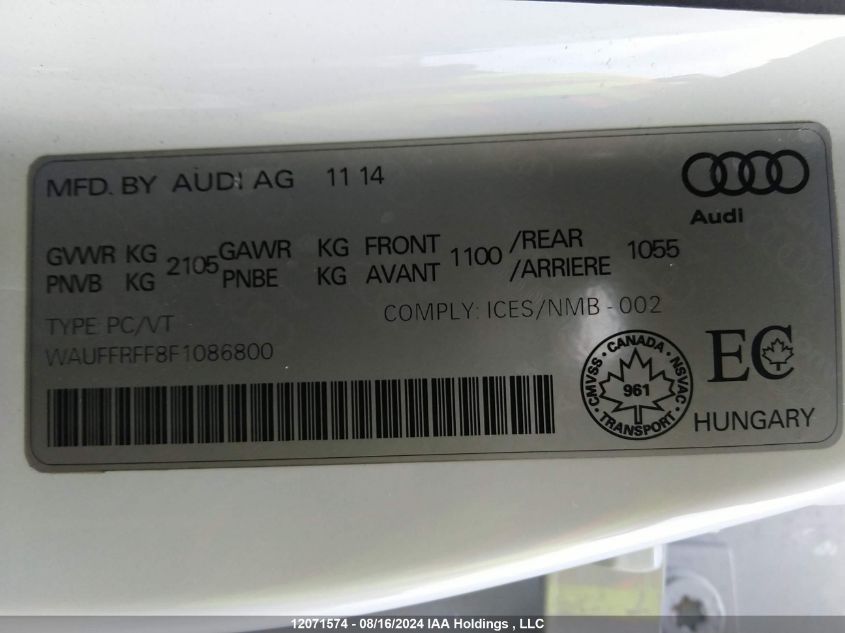 2015 Audi S3/A3 VIN: WAUFFRFF8F1086800 Lot: 12071574