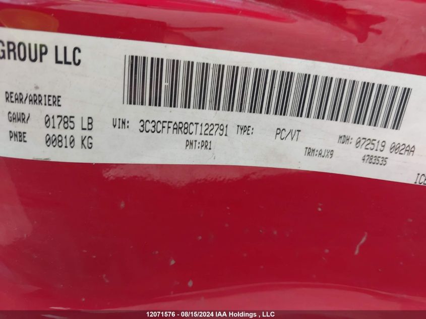 2012 Fiat 500 Pop VIN: 3C3CFFAR8CT122791 Lot: 12071576