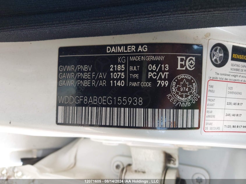 2014 Mercedes-Benz C-Class VIN: WDDGF8AB0EG155938 Lot: 12071605