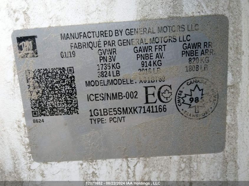 2019 Chevrolet Cruze VIN: 1G1BE5SMXK7141166 Lot: 12071652