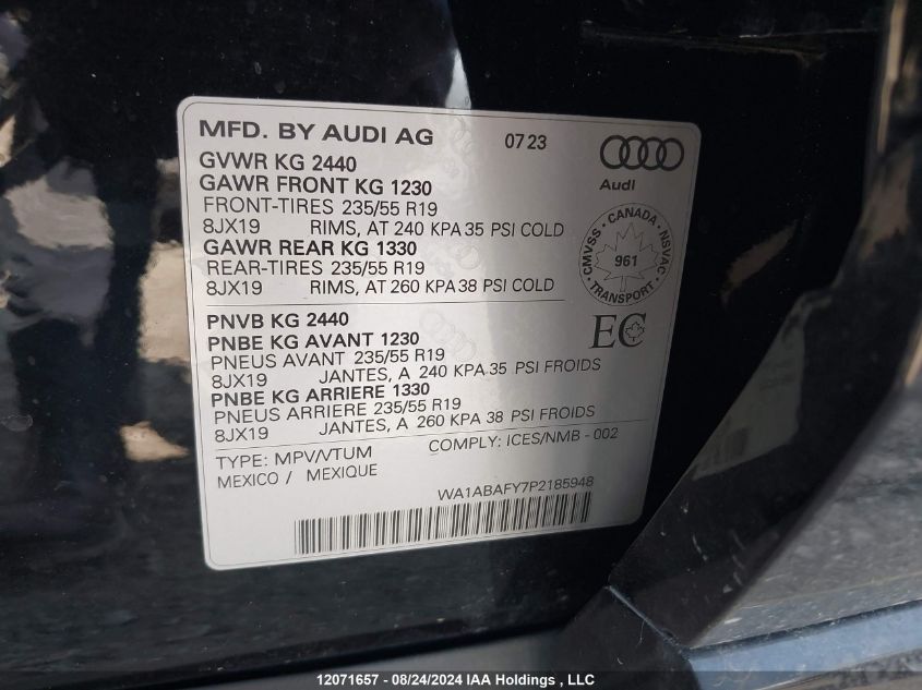 2023 Audi Q5 VIN: WA1ABAFY7P2185948 Lot: 12071657