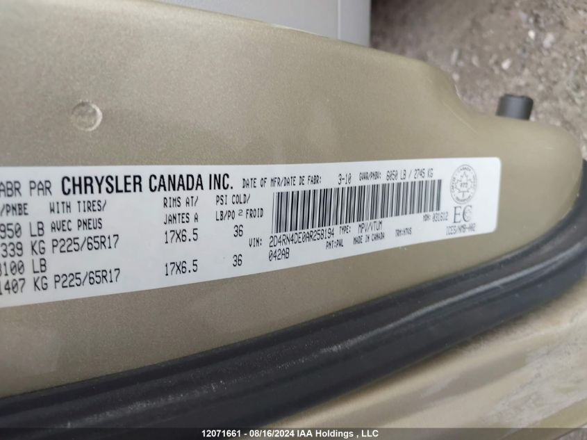 2010 Dodge Grand Caravan Se VIN: 2D4RN4DE0AR258194 Lot: 12071661