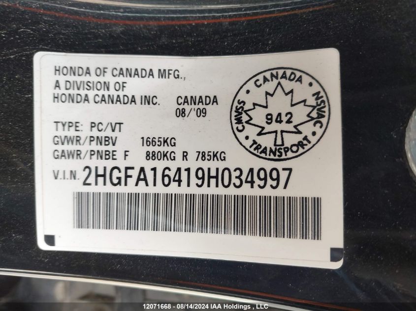 2009 Honda Civic Sdn VIN: 2HGFA16419H034997 Lot: 12071668