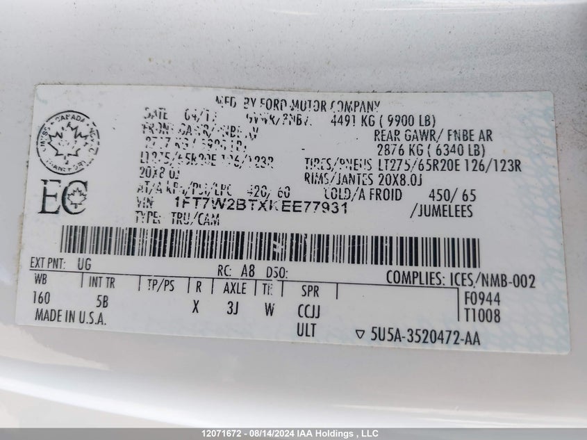 2019 Ford F-250 Lariat VIN: 1FT7W2BTXKEE77931 Lot: 12071672