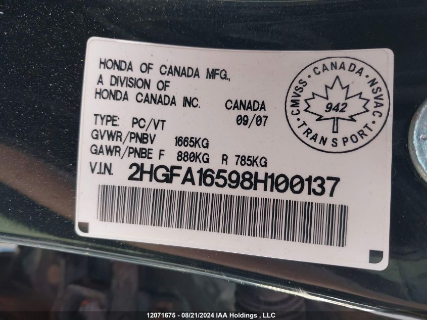 2008 Honda Civic Sdn VIN: 2HGFA16598H100137 Lot: 12071675