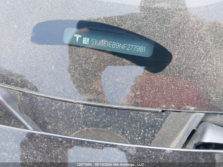 2022 Tesla Model 3 VIN: 5YJ3E1EB9NF277981 Lot: 12071684