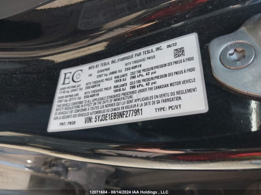 2022 Tesla Model 3 VIN: 5YJ3E1EB9NF277981 Lot: 12071684