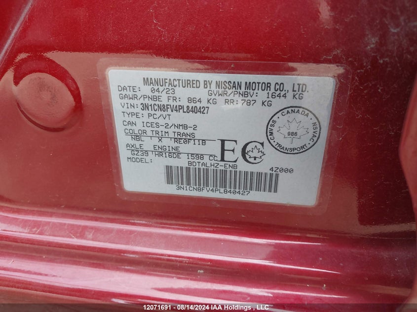 2023 Nissan Versa Sr VIN: 3N1CN8FV4PL840427 Lot: 12071691