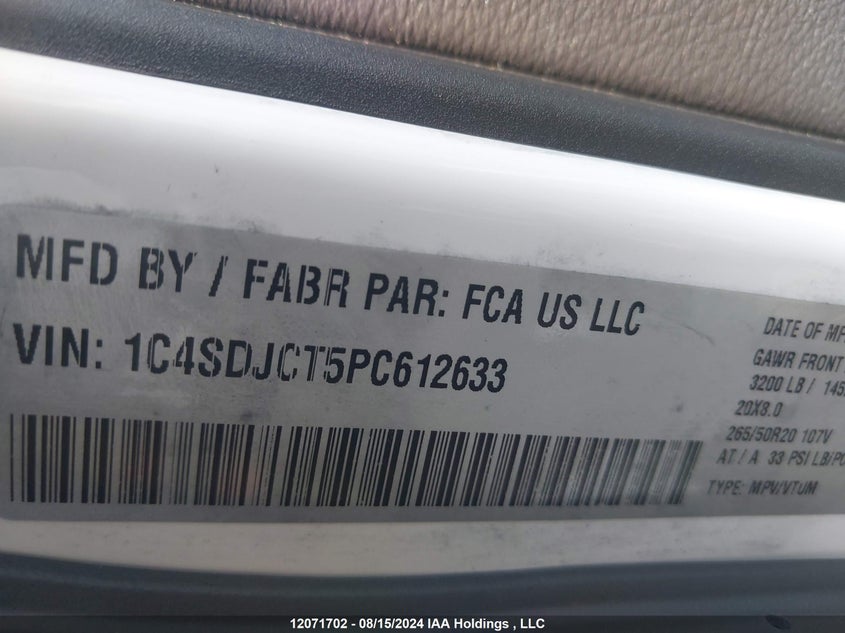 2023 Dodge Durango R/T VIN: 1C4SDJCT5PC612633 Lot: 12071702