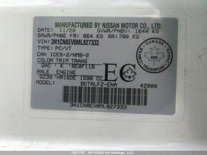 2021 Nissan Versa VIN: 3N1CN8EV0ML827333 Lot: 12071707