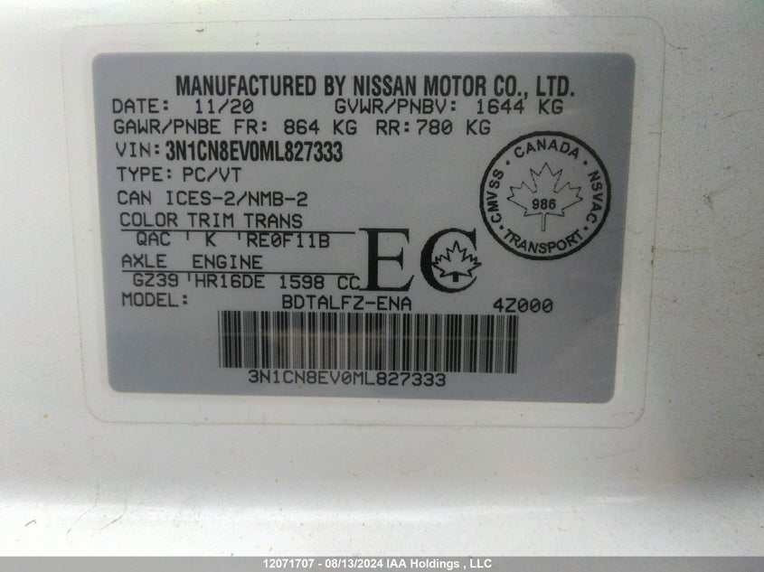 2021 Nissan Versa VIN: 3N1CN8EV0ML827333 Lot: 12071707