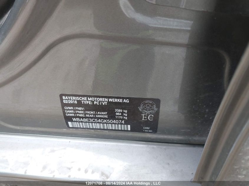 2016 BMW 3 Series VIN: WBA8E3C54GK504074 Lot: 12071708