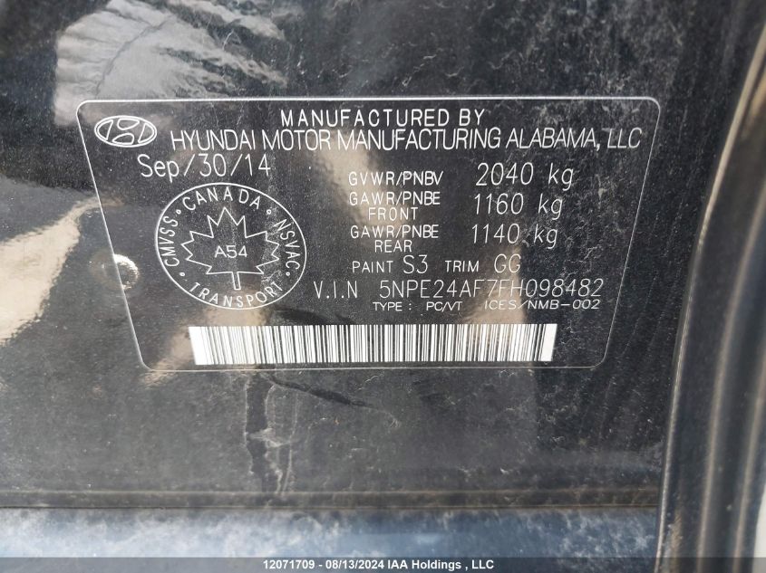 2015 Hyundai Sonata Se VIN: 5NPE24AF7FH098482 Lot: 12071709