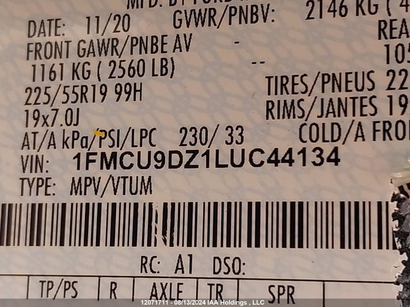 2020 Ford Escape Titanium VIN: 1FMCU9DZ1LUC44134 Lot: 12071711