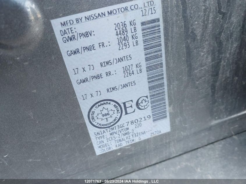 2016 Nissan Rogue VIN: 5N1AT2MT3GC780219 Lot: 12071763