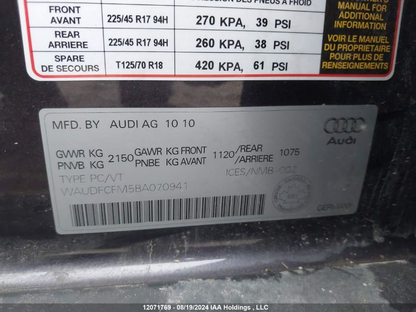 2011 Audi A3 VIN: WAUDFCFM5BA070941 Lot: 12071769