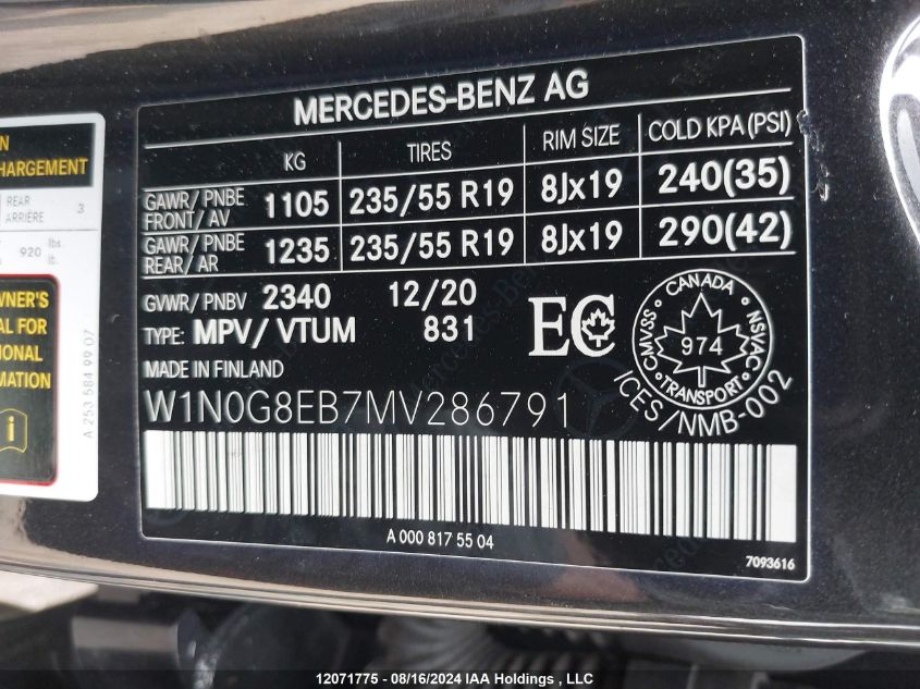 2021 Mercedes-Benz Glc VIN: W1N0G8EB7MV286791 Lot: 12071775