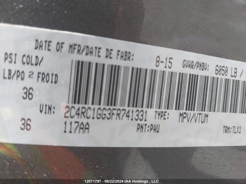 2015 Chrysler Town & Country Limited Platinum VIN: 2C4RC1GG3FR741331 Lot: 12071797